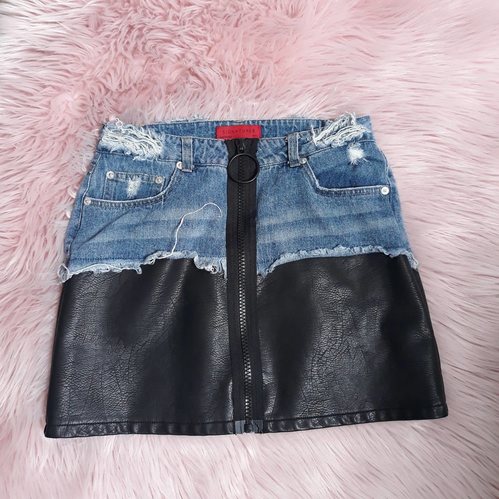 Signature 8 faux leather and jean skirt